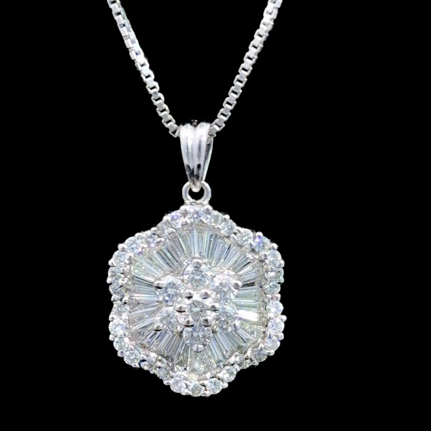Gorgeous 18k White Gold Baguette & Round Cut Diamond Cluster Pendant With Box Chain Appx 1.2 Cts