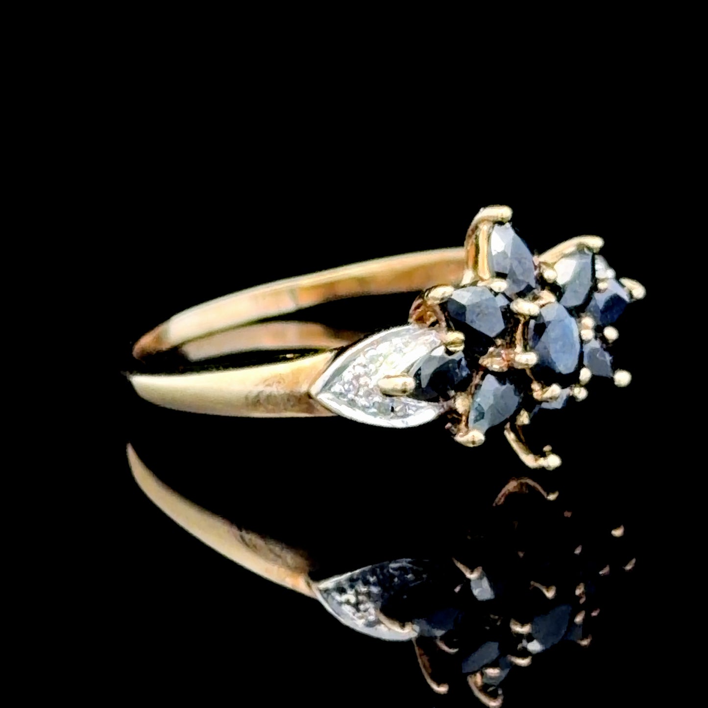 9k Yellow Gold Sapphire & Diamond Flower Ring