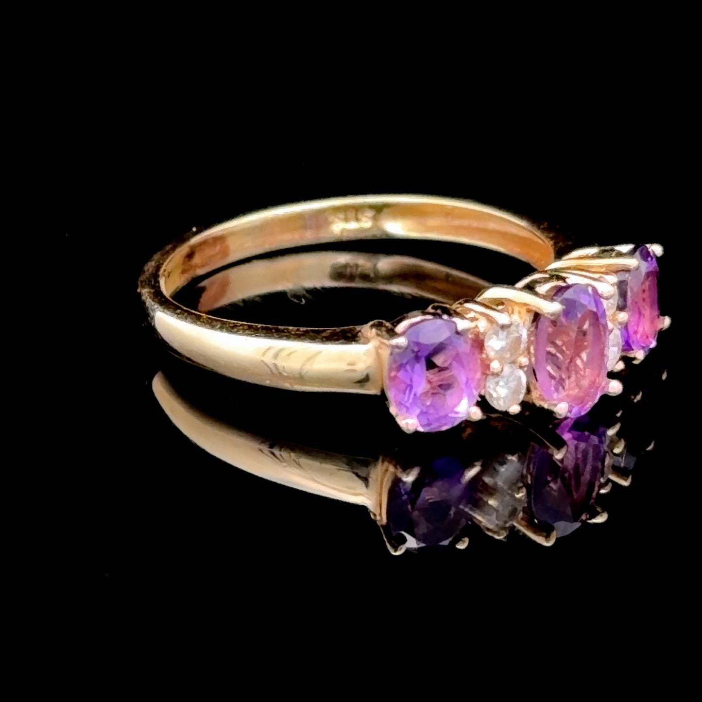Lovely Traditional Amethyst & Diamond 3 stone Ring Set in 14k Yellow Gold