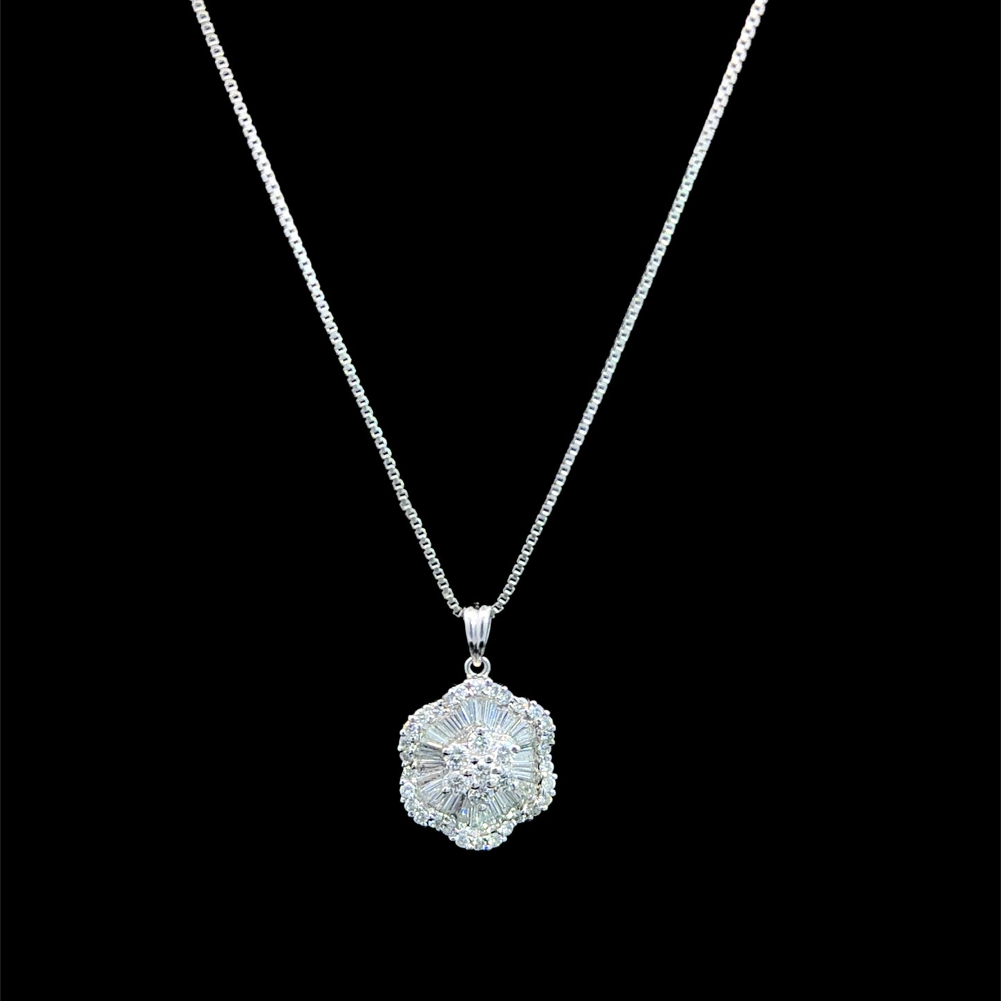 Gorgeous 18k White Gold Baguette & Round Cut Diamond Cluster Pendant With Box Chain Appx 1.2 Cts