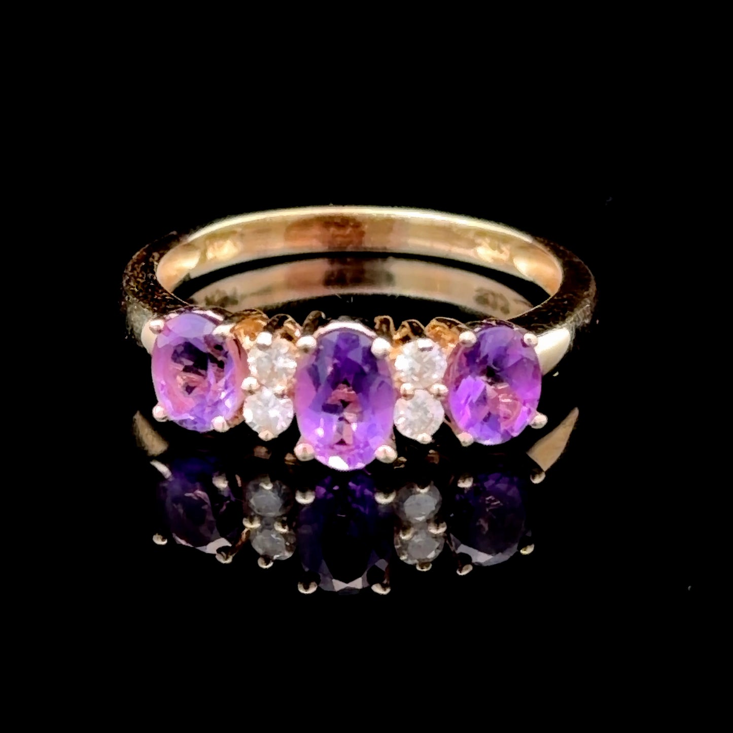 Lovely Traditional Amethyst & Diamond 3 stone Ring Set in 14k Yellow Gold