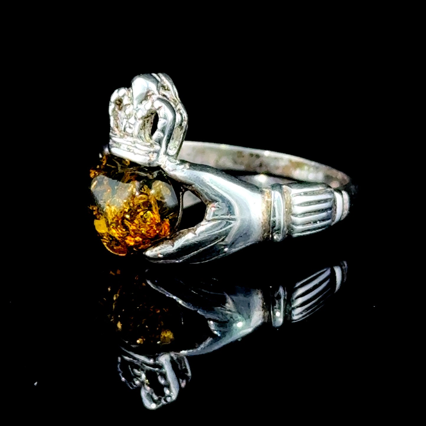 Silver Irish Claddagh Baltic Amber Heart Ring