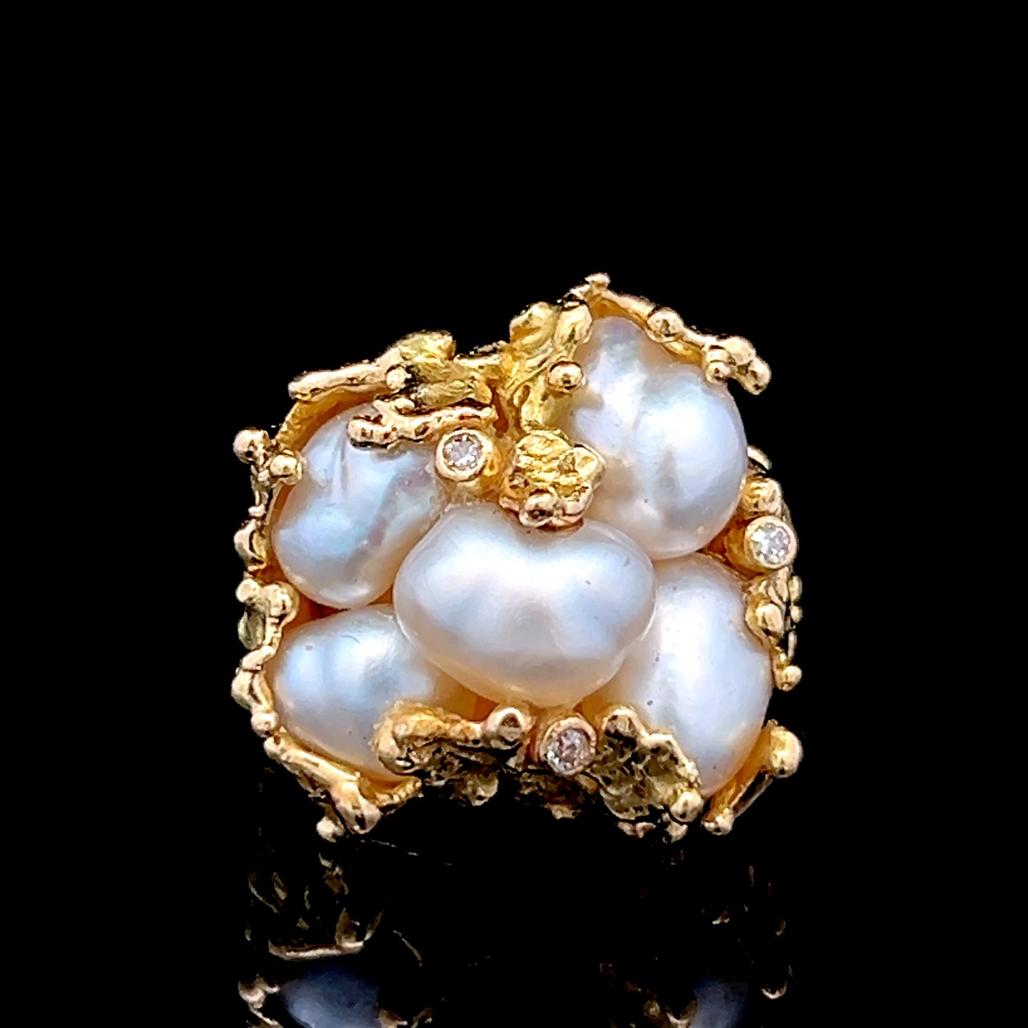 18K Yellow Gold Baroque 5 Pearl & Diamond Dress Ring