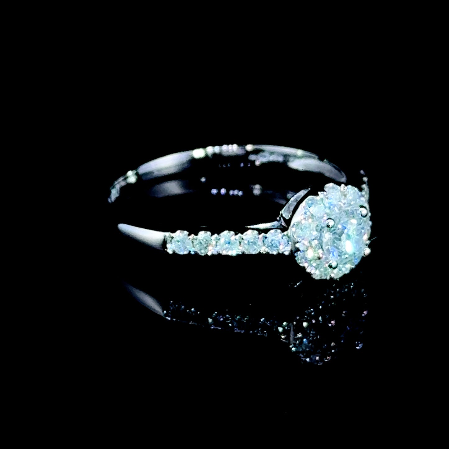 18K White Gold Diamond Halo Ring with Diamonds to Shoulders 0.5 CTS