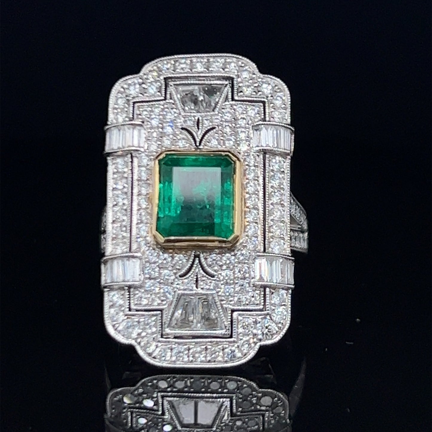 Spectacular 18k White Gold Diamond & Muzo Emerald Deco Style Ring Dia 2.0 Cts Emerald 2.0 Cts With Safeguard certification.