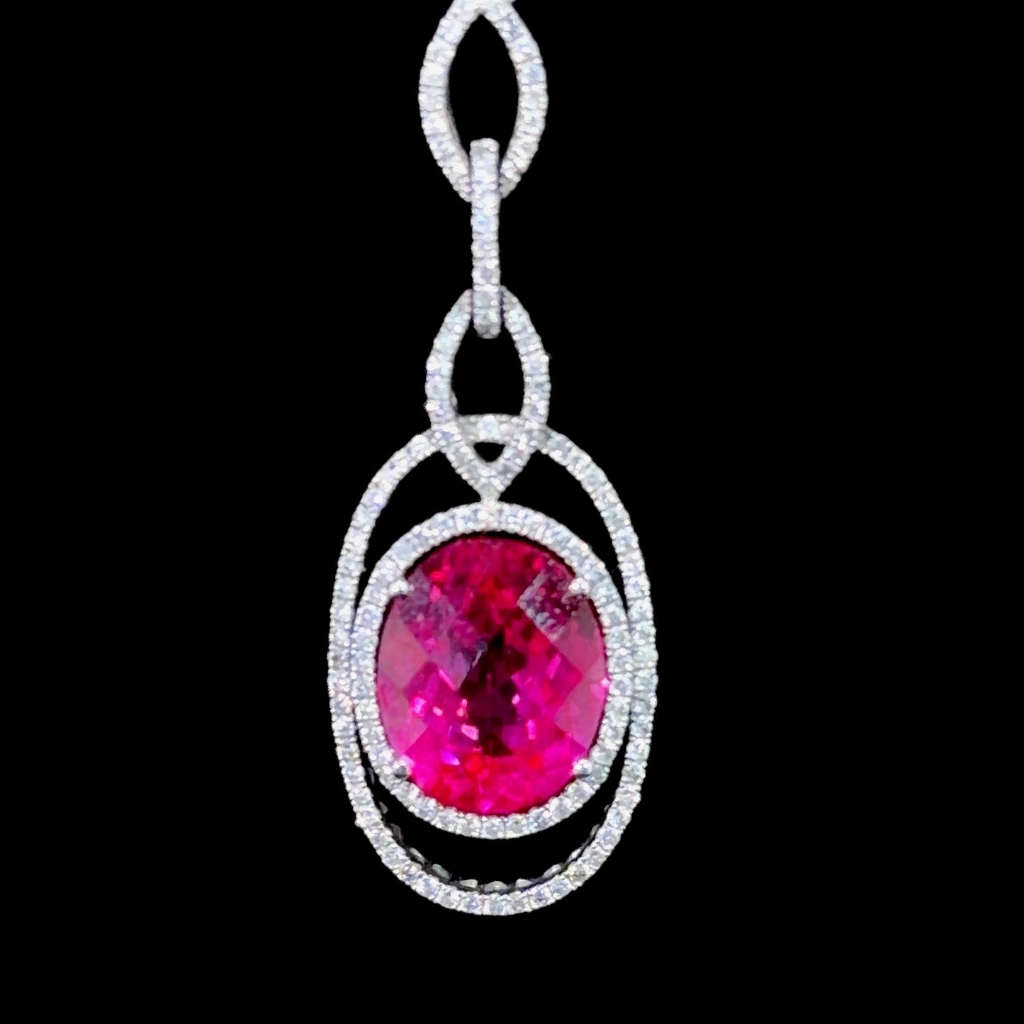 14K White Gold Pink Spinel  & Diamond Drop Pendant & Chain