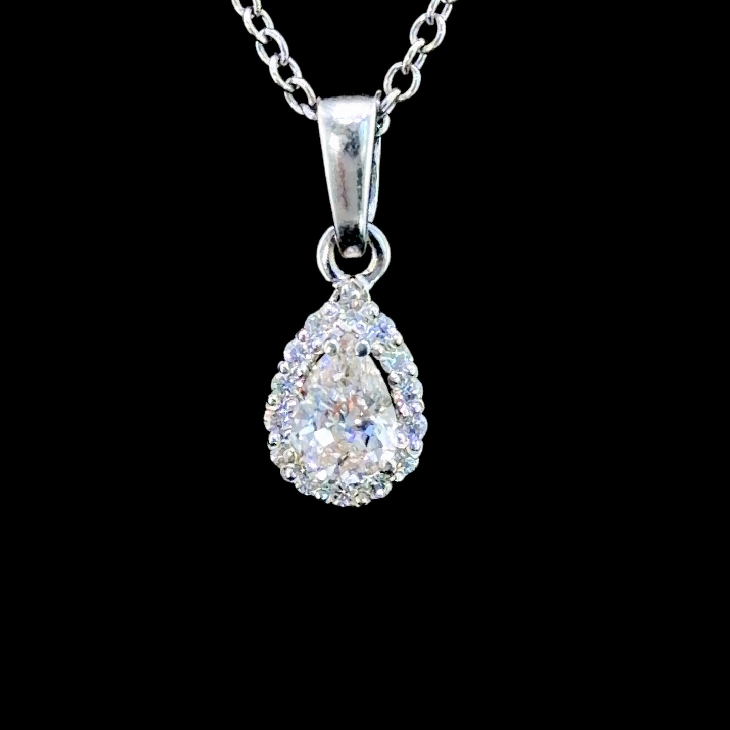 Lovely 18k White Gold Diamond Pear Halo Pendant & Chain Having 2 Length Adjustments 16” & 17” 0.6 Cts
