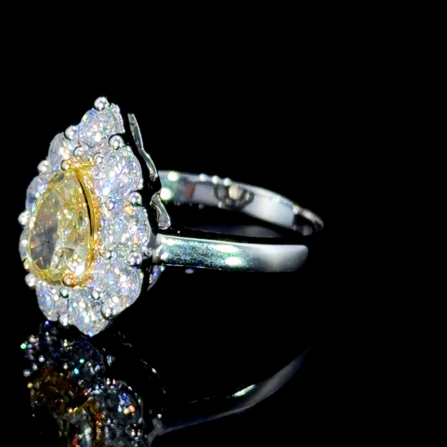 A Stunning Platinum Yellow Diamond Pear Halo Ring 1.05 Ct Center 2.15 Cts Total