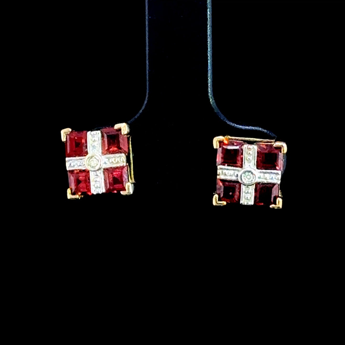 9K Yellow Gold Garnet & Diamond Square Studs