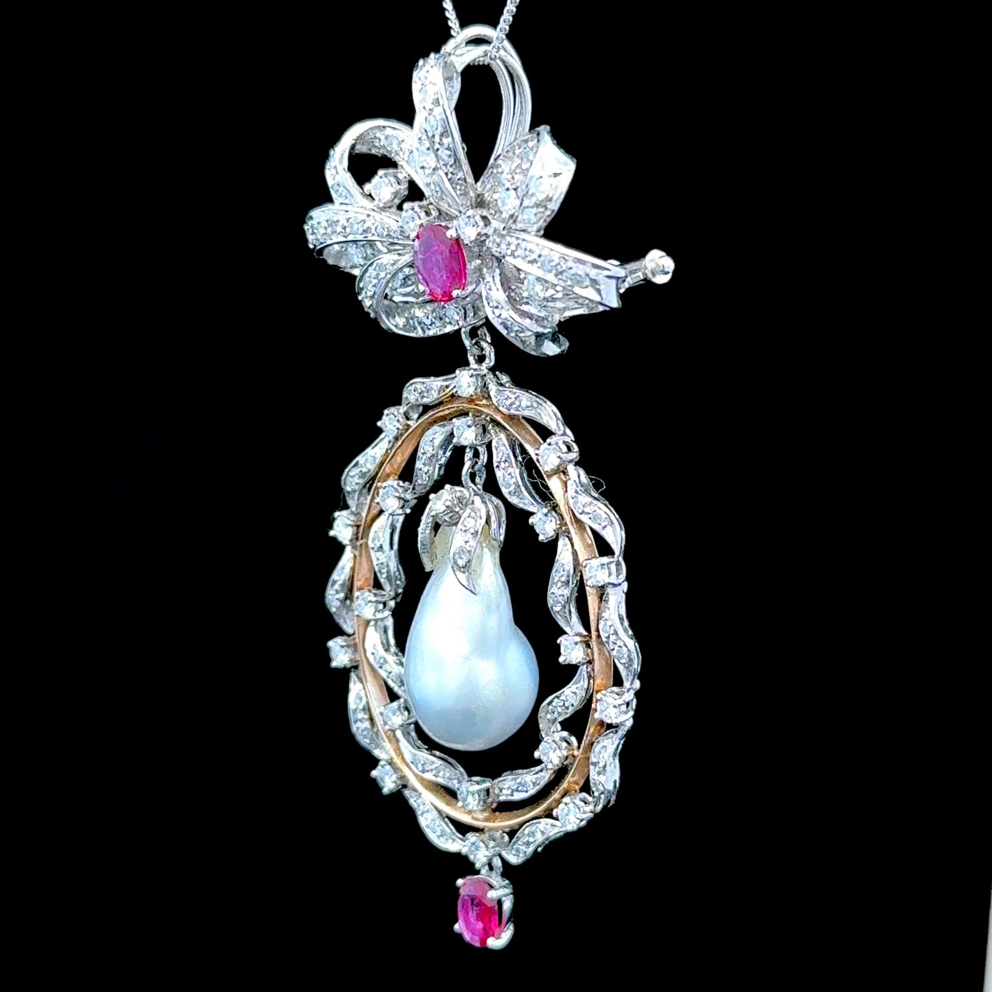 9K White Gold Pearl & Ruby Pendant Approximately 2.5 Carats