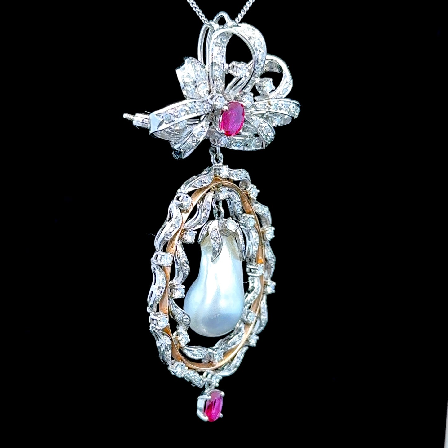 9K White Gold Pearl & Ruby Pendant Approximately 2.5 Carats