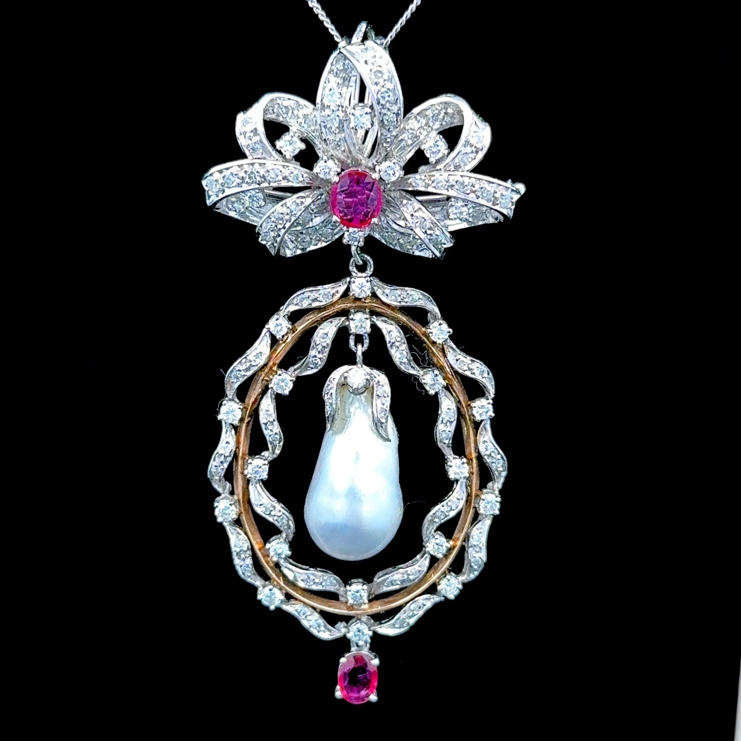 9K White Gold Pearl & Ruby Pendant Approximately 2.5 Carats