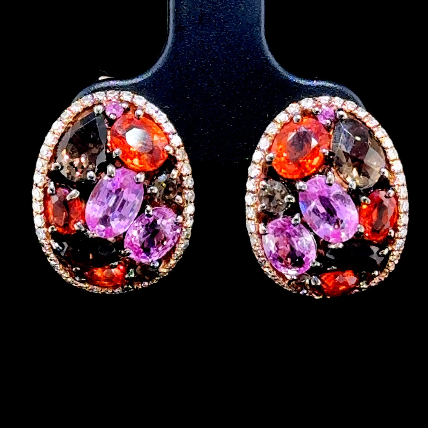 9K Rose Gold Amethyst, Citrine& Smokey Quartz Outlined with Diamonds Clip Earrings