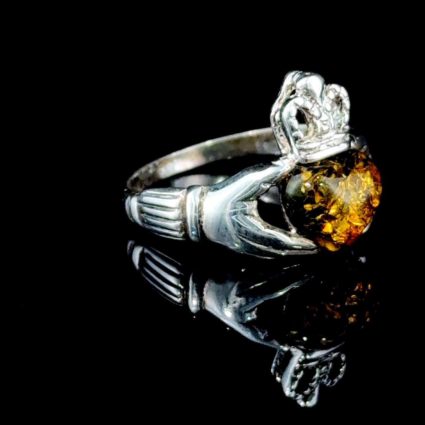 Silver Irish Claddagh Baltic Amber Heart Ring