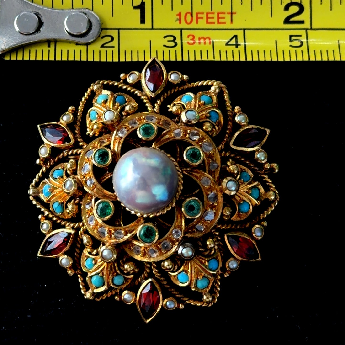 Absolutely Stunning Antique 18k Yellow Gold Pearl , Emerald,Diamond, Ruby. Brooch and Pendant