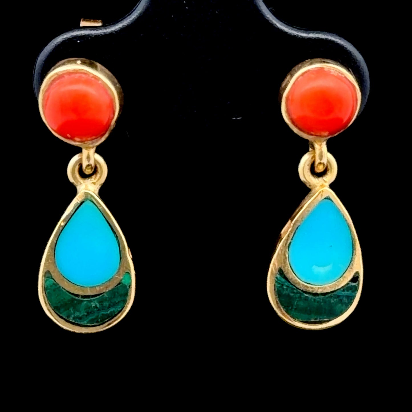 18k Yellow Gold Coral Turquoise & Malachite Drop Earrings