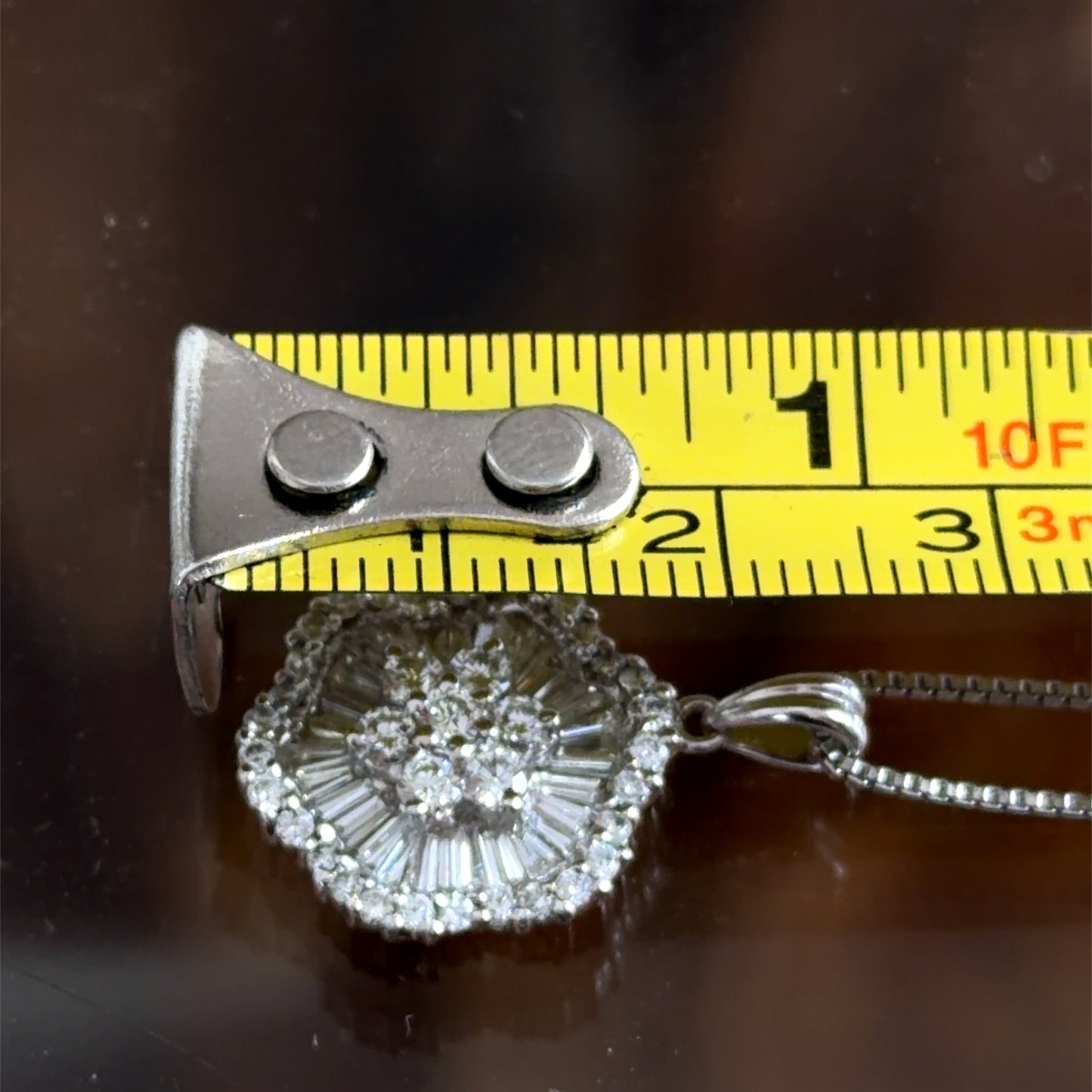 Gorgeous 18k White Gold Baguette & Round Cut Diamond Cluster Pendant With Box Chain Appx 1.2 Cts