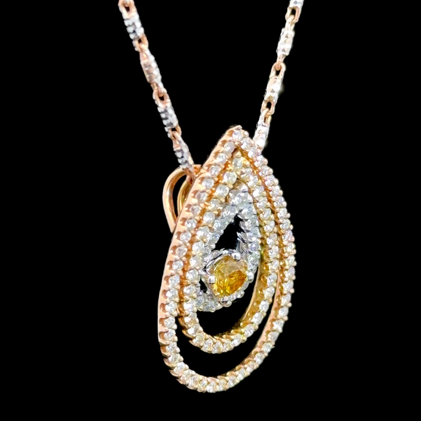 Fabulous 18k Yellow & White Gold Yellow & White Diamond Concentric Articulated Pear Pendant & Chain Appx 1.0 Cts