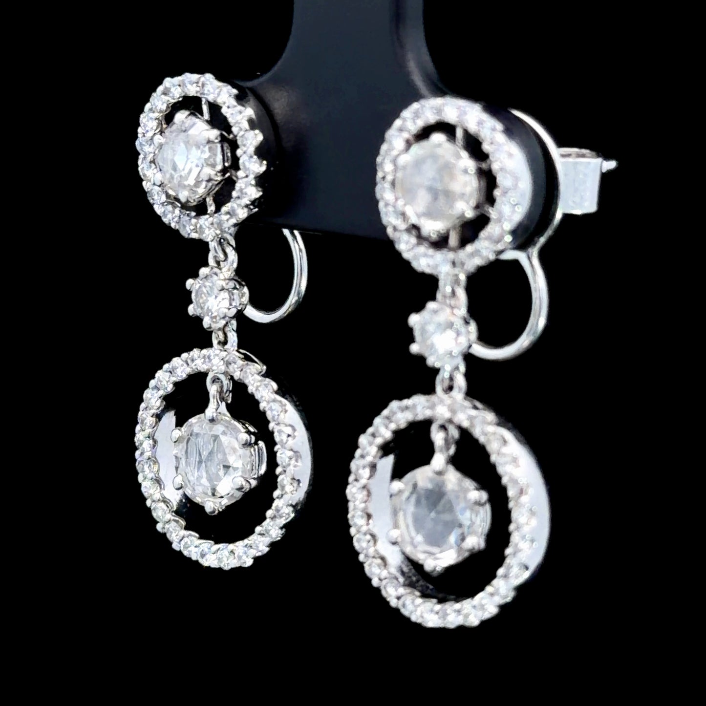 Absolutely Stunning 18k White Gold Rose & Round Cut Diamond Double Halo Drop Stud Earrings Appx. 1.72 Cts Total RRP £5,000