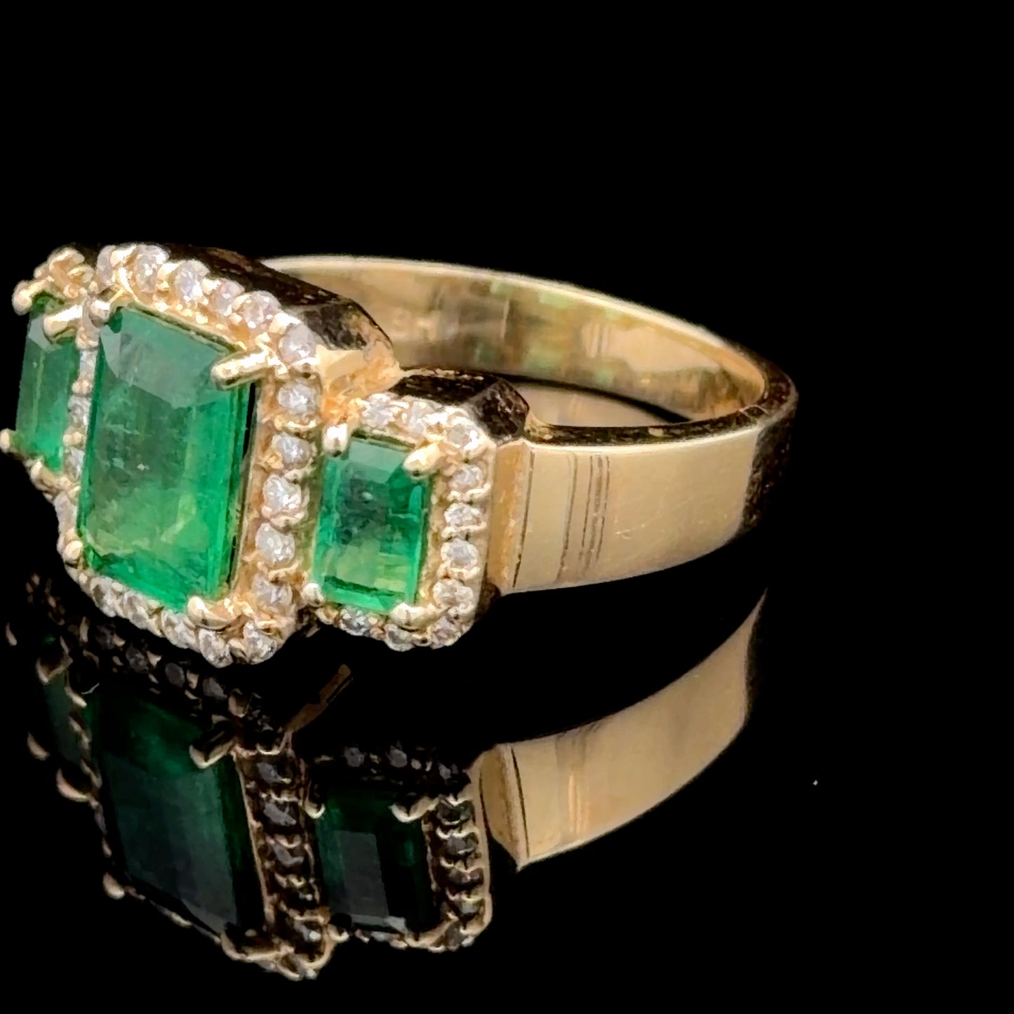 Stunning 14k Yellow Gold Emerald & Diamond Halo Trilogy Ring 2 Cts Emeralds