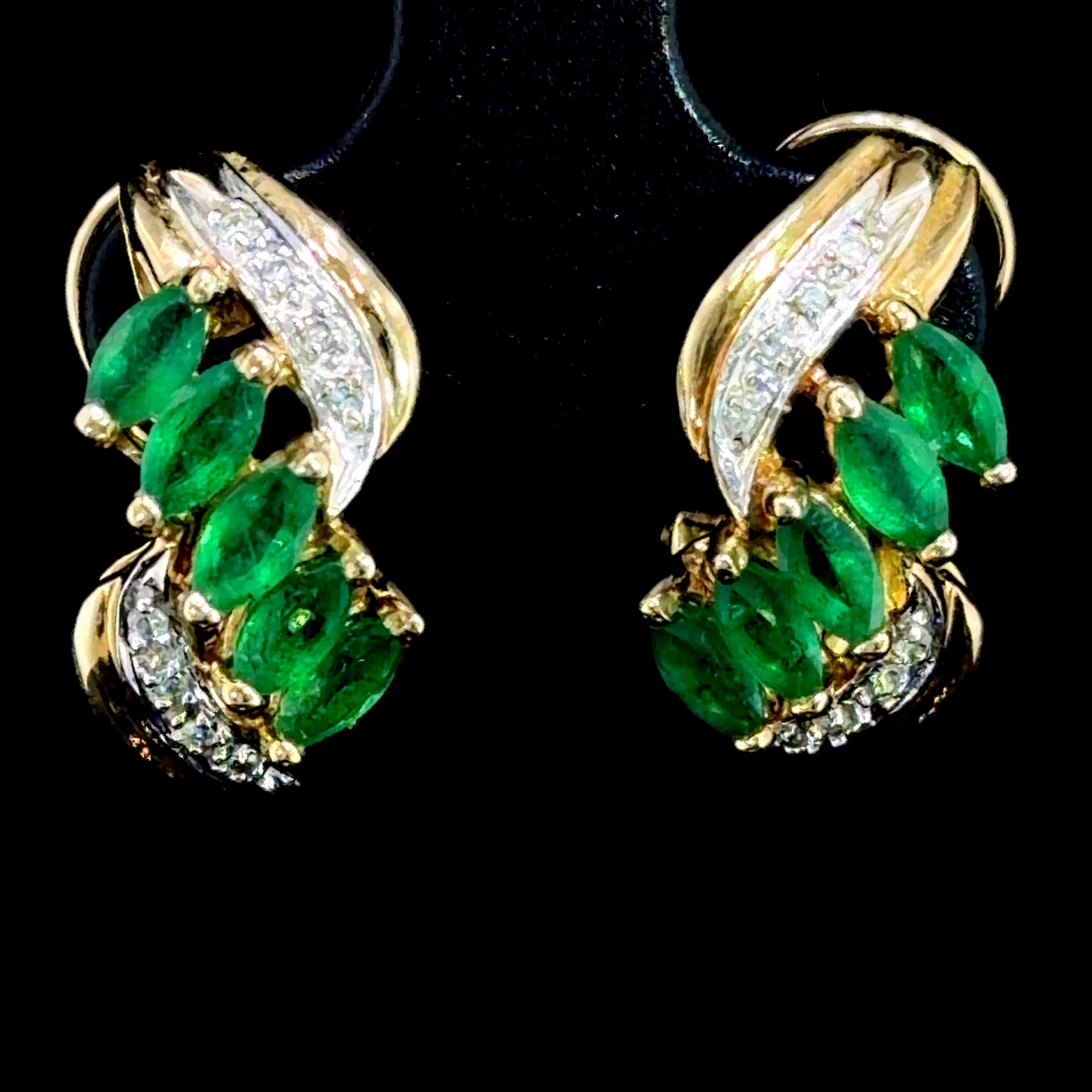 Stunning 9k Yellow Gold Emerald & Diamond Omega Clip Earrings