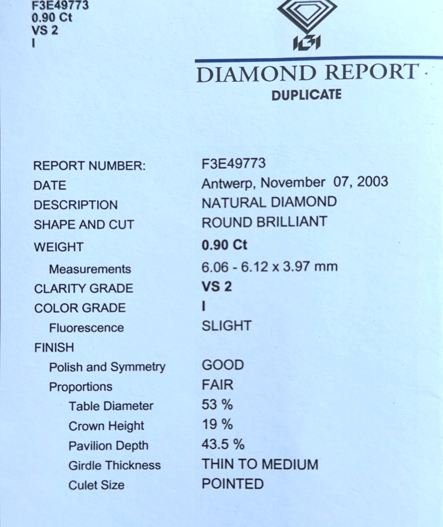 Fabulous 18k White Gold Diamond Solitaire 0.9cts IGI Certified VS2 I Colour