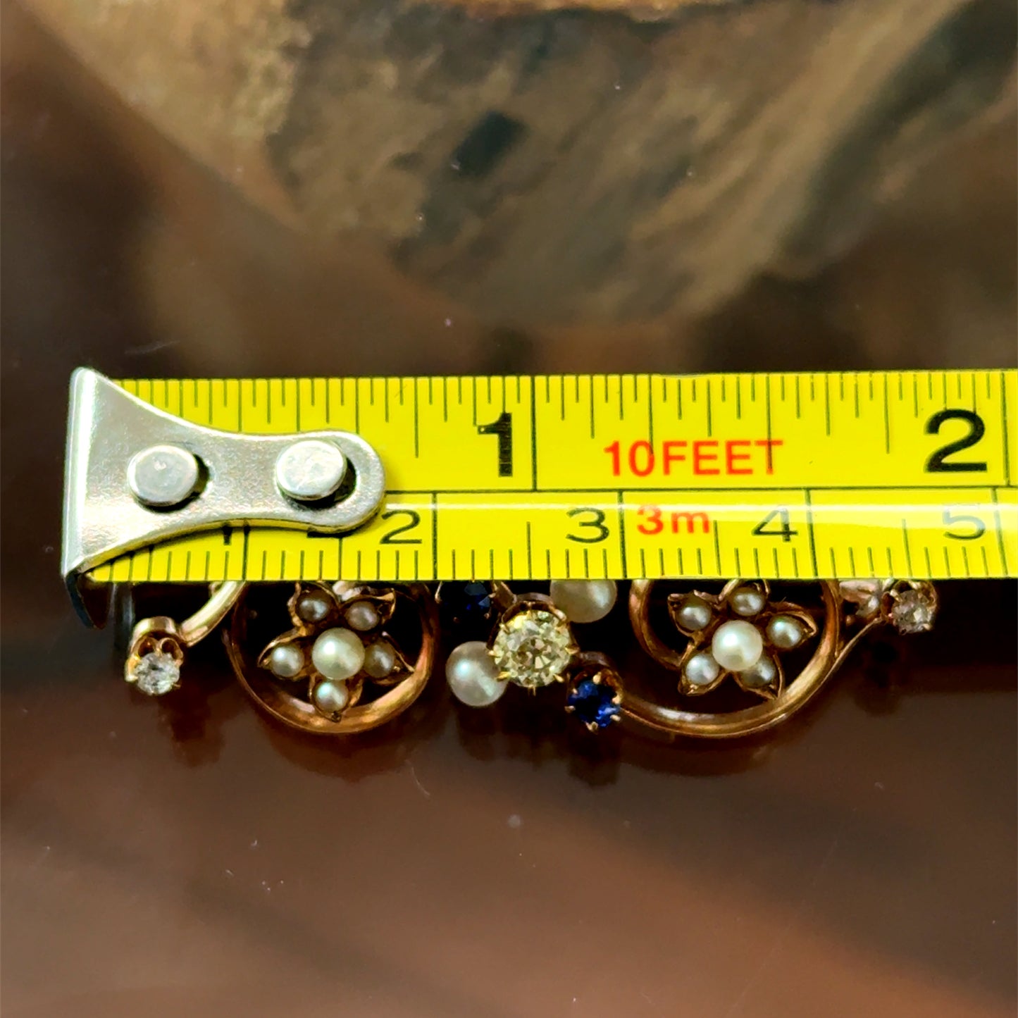 14K Yellow Gold Diamond, Sapphire & Pearl Brooch