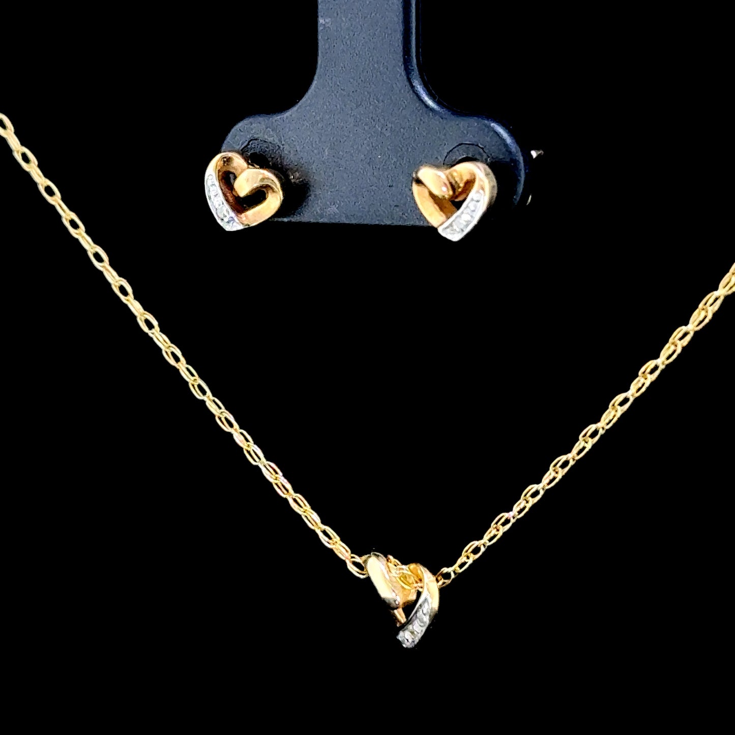 9K Yellow Gold Diamond Heart Pendant & Stud Earrings Set