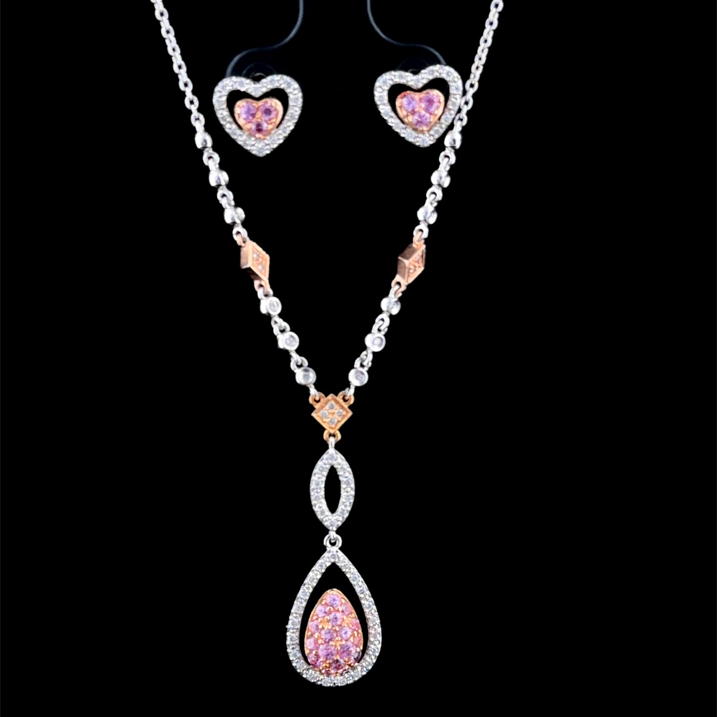 Sweet 14 k White & Rose Gold Diamond & Pink Sapphire Drop Pendant & Heart Earring Suite