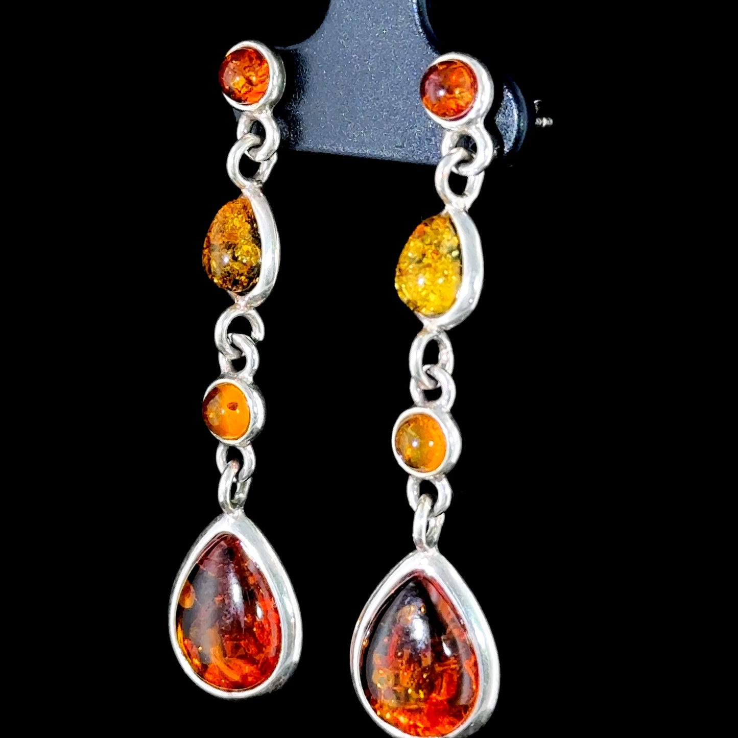 Lovely Silver & Pear Amber Drop Stud Earrings