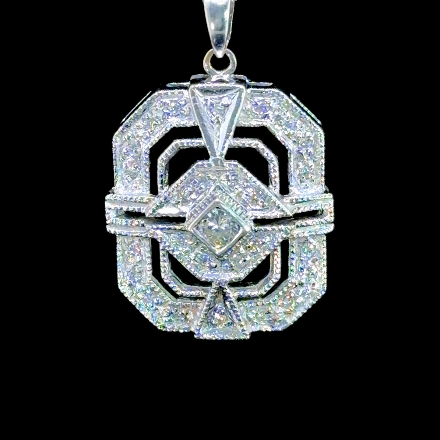 18k White Gold Deco Style Rectangular Diamond Pendant & Chain Appx 0.5 Cts