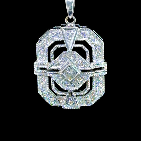 18k White Gold Deco Style Rectangular Diamond Pendant & Chain Appx 0.5 Cts