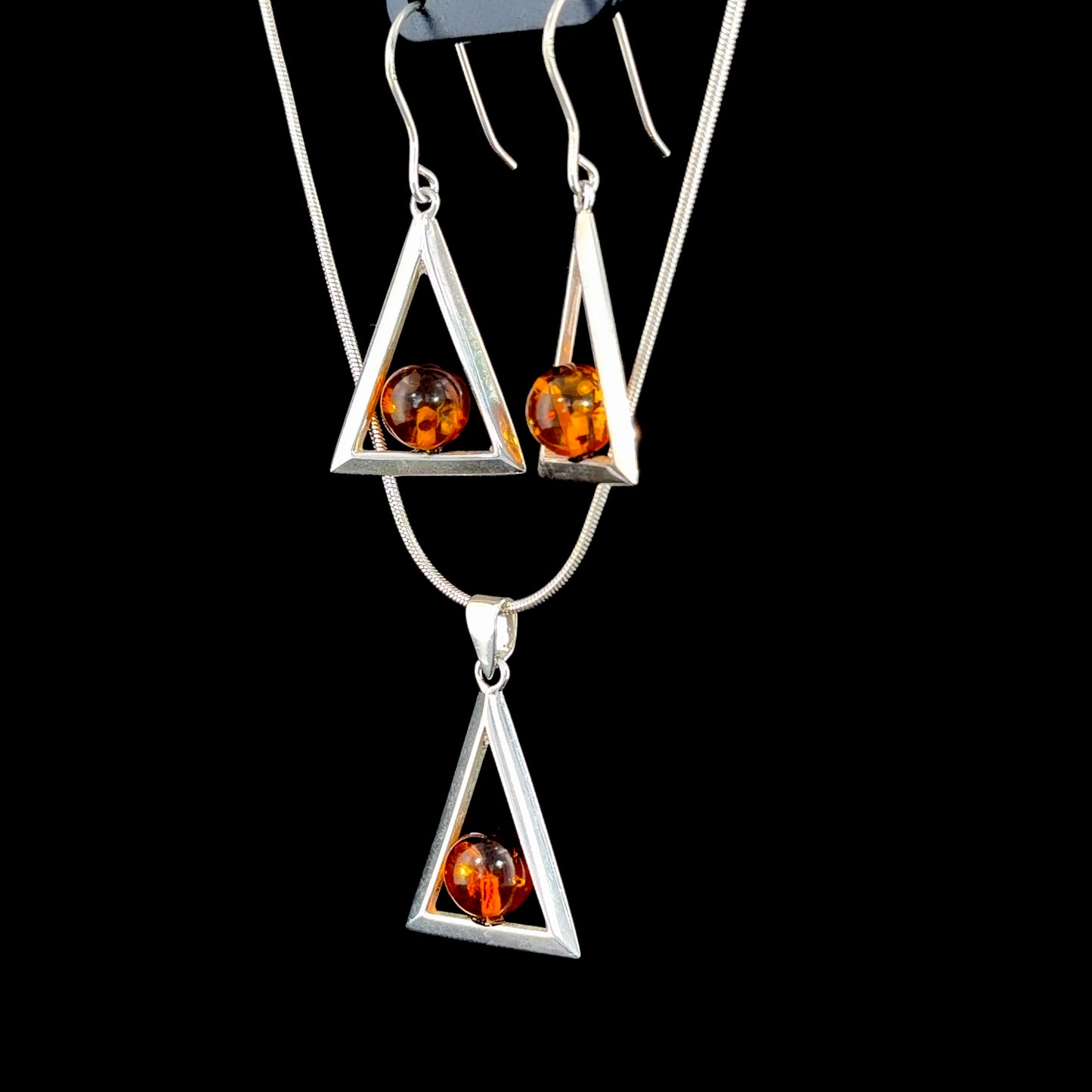 Lovely Silver & Amber Triangular Pendant Necklace and Hook Earring Suite