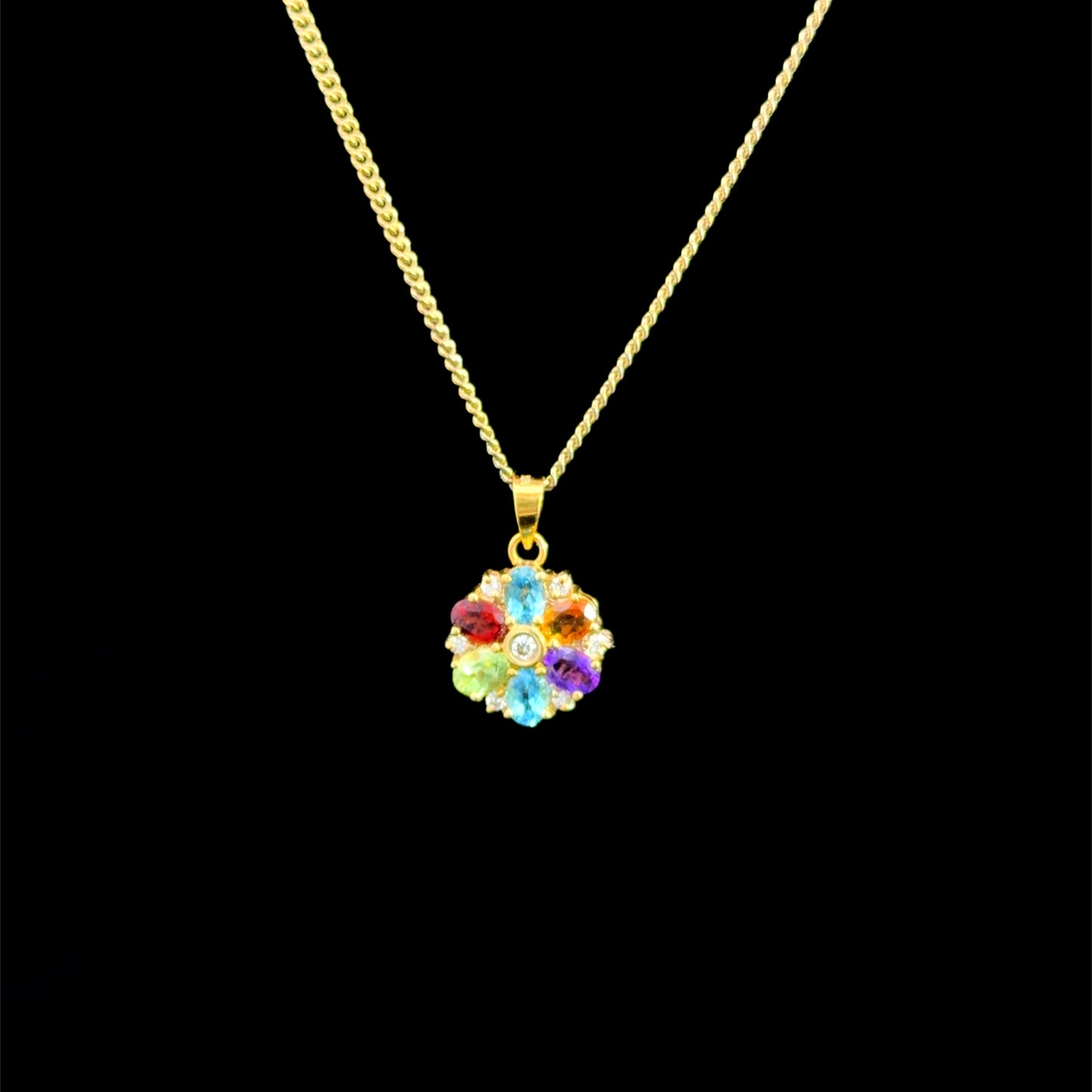Pretty 18k Yellow Gold Multicolour Gemstone & Diamond Flower Pendant (Pendant Only)