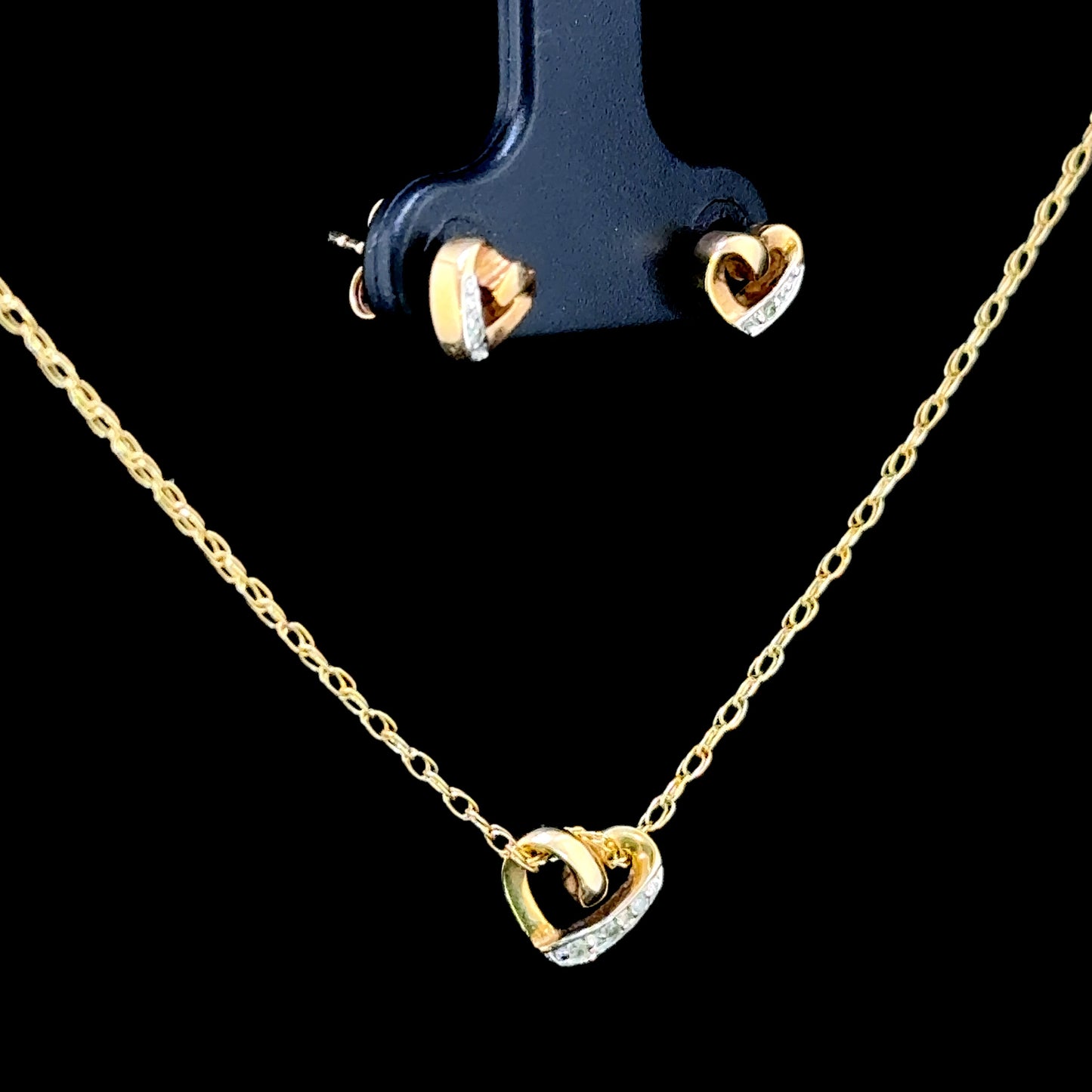 9K Yellow Gold Diamond Heart Pendant & Stud Earrings Set