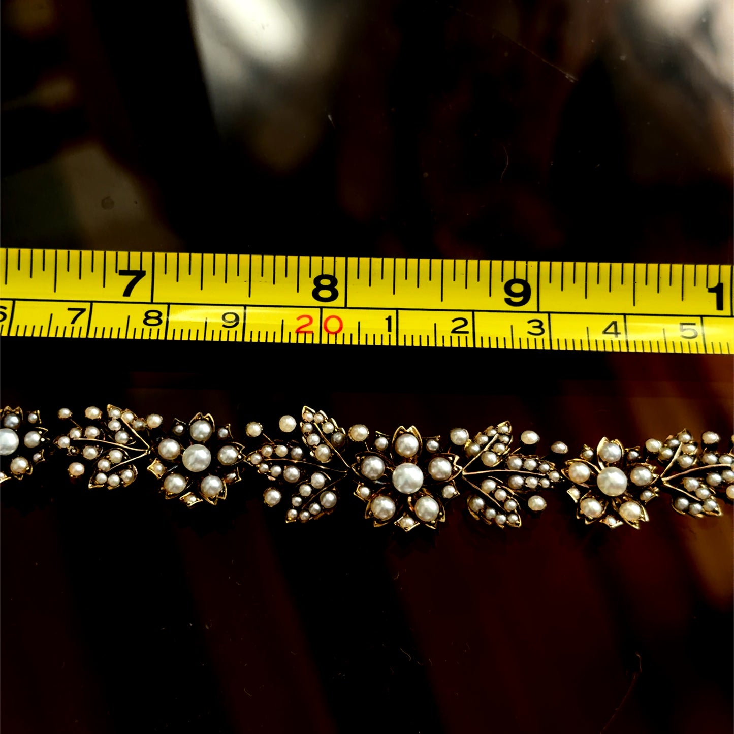 15k Antique Heavy Pearl Floral Necklace 16”