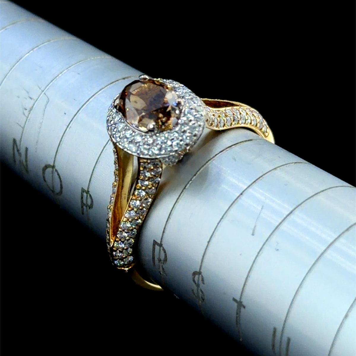 A Stunning 18k Yellow Gold Oval Chocolate & White Diamond Halo Ring Appx 0.75 Cts Centre 1.5 Cts Total