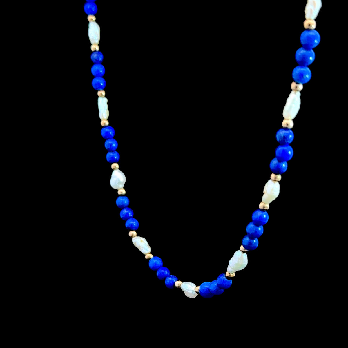 Stunning 9K Yellow Gold Lapis Lazuli & Freshwater Pearl Necklace