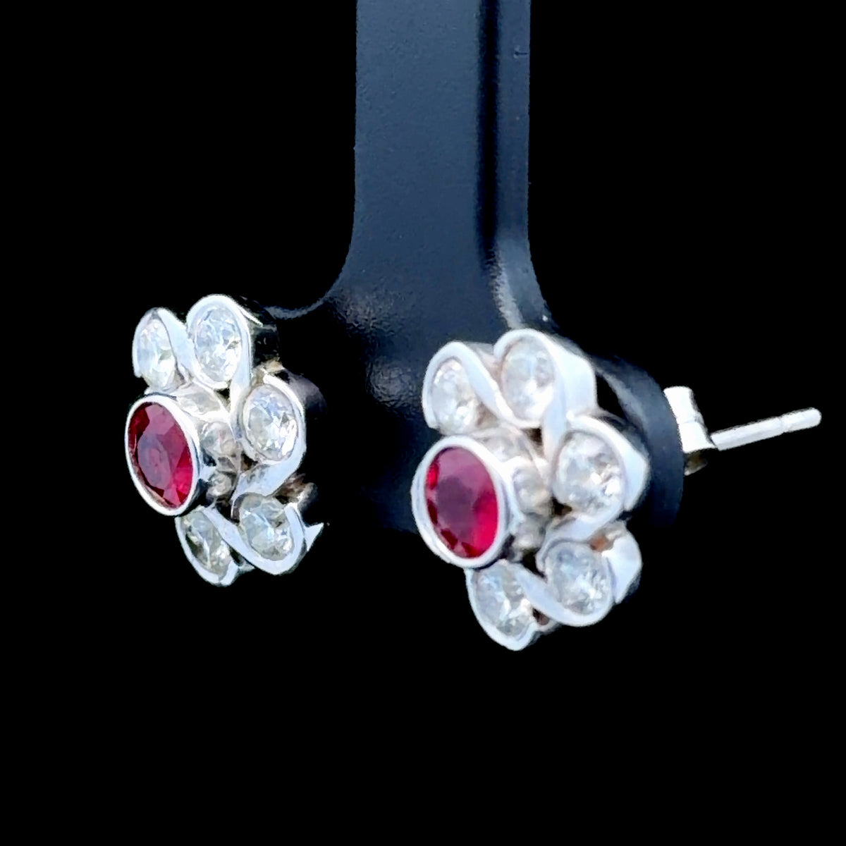 A Lovely Pair Of 18k White Gold Ruby & Diamond Cluster Stud Earrings Diamonds Appx. 0.8Cts & Rubies Appx. 0.5Cts Total