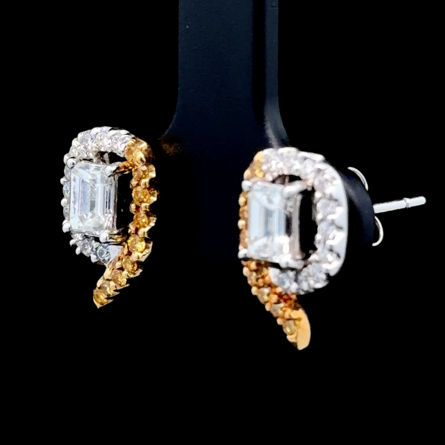 18k Yellow & White Gold Emerald & Round Cut White & Yellow Diamond Stud Earrings Appx 1.5 Cts Total