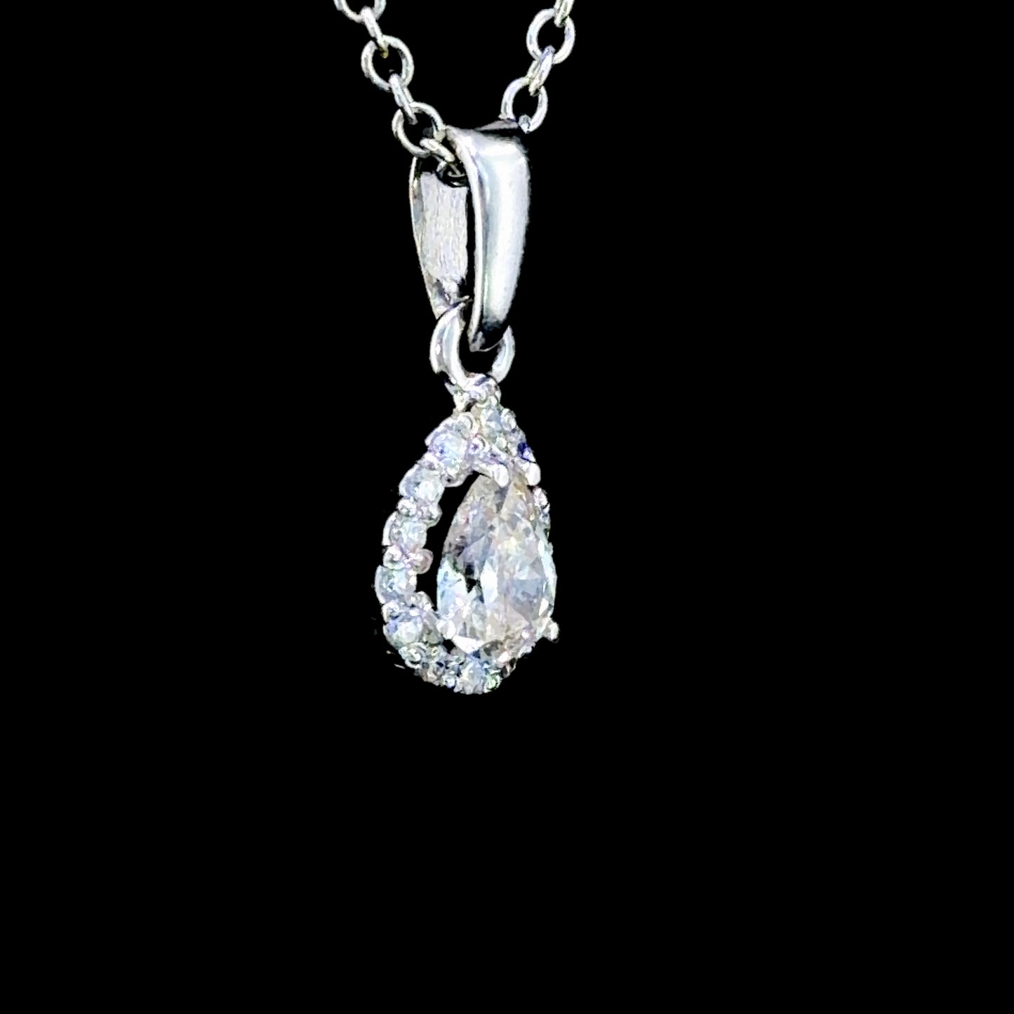Lovely 18k White Gold Diamond Pear Halo Pendant & Chain Having 2 Length Adjustments 16” & 17” 0.6 Cts
