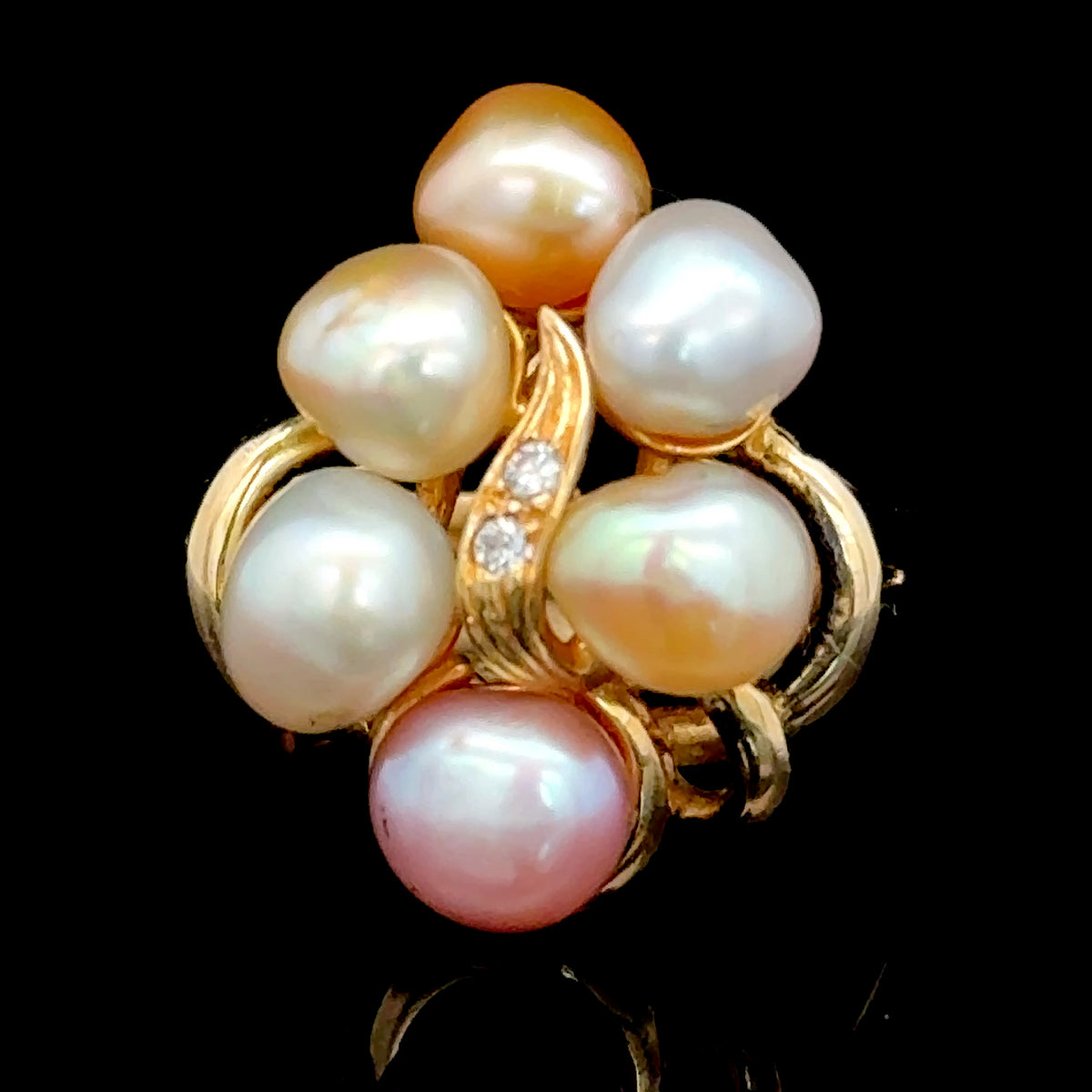 14K Yellow Gold Pink & White Pearl & Diamond Ring