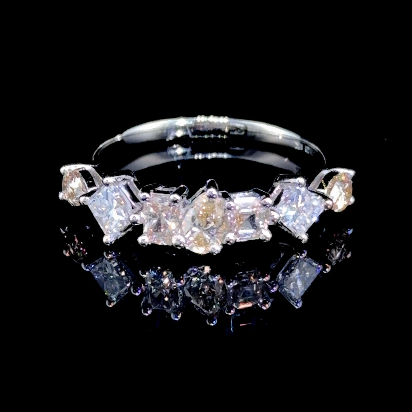 Platinum 7 Stone Diamond Ring Pink Yellow & White Pear, Emerald & Princess Cut stones Appx 1.2Cts
