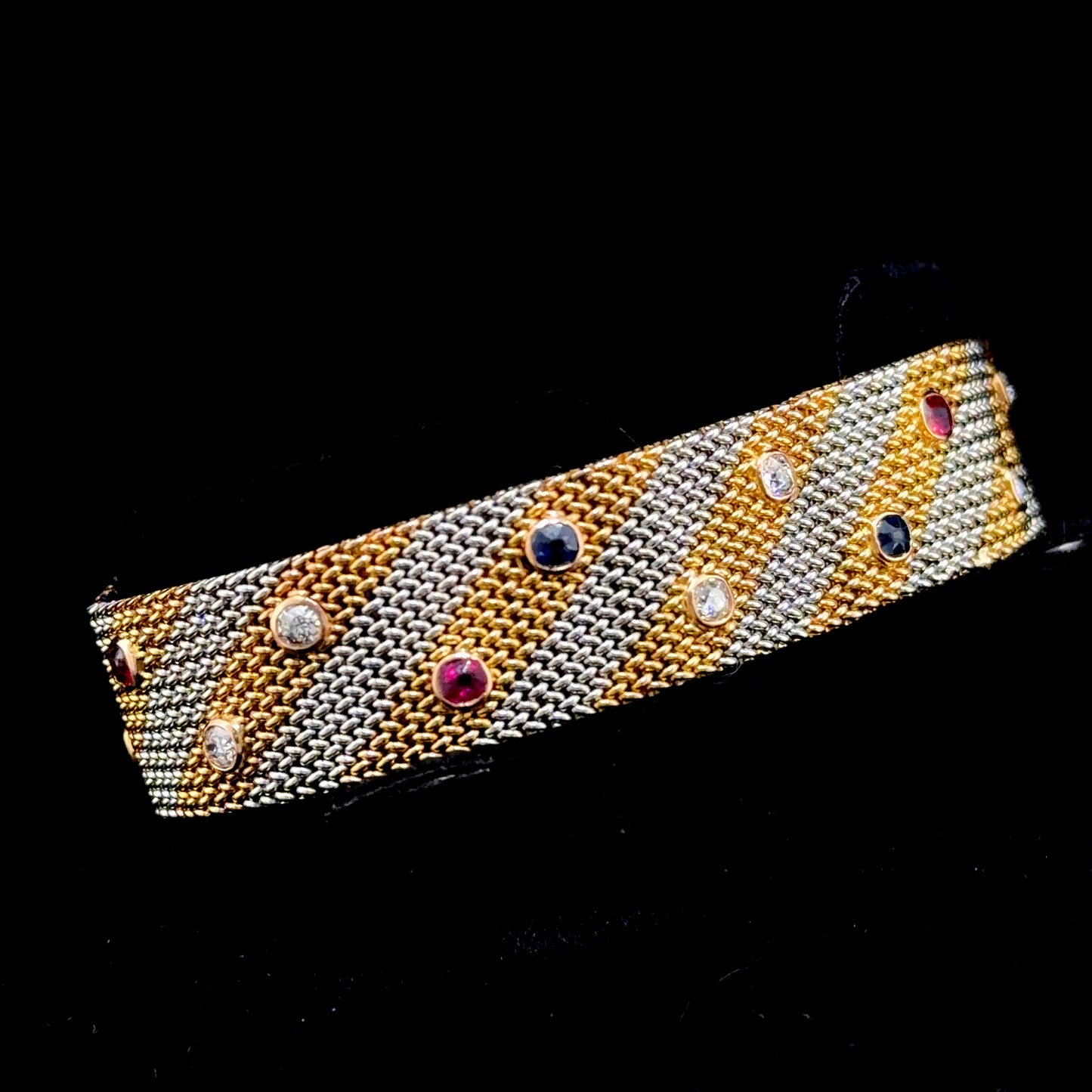 Fabulous 18k Two-Tone Yellow & White Gold Woven Mesh Ruby Diamond & Sapphire Bracelet D:1.2 R:0.6 S:0.6 CTS
