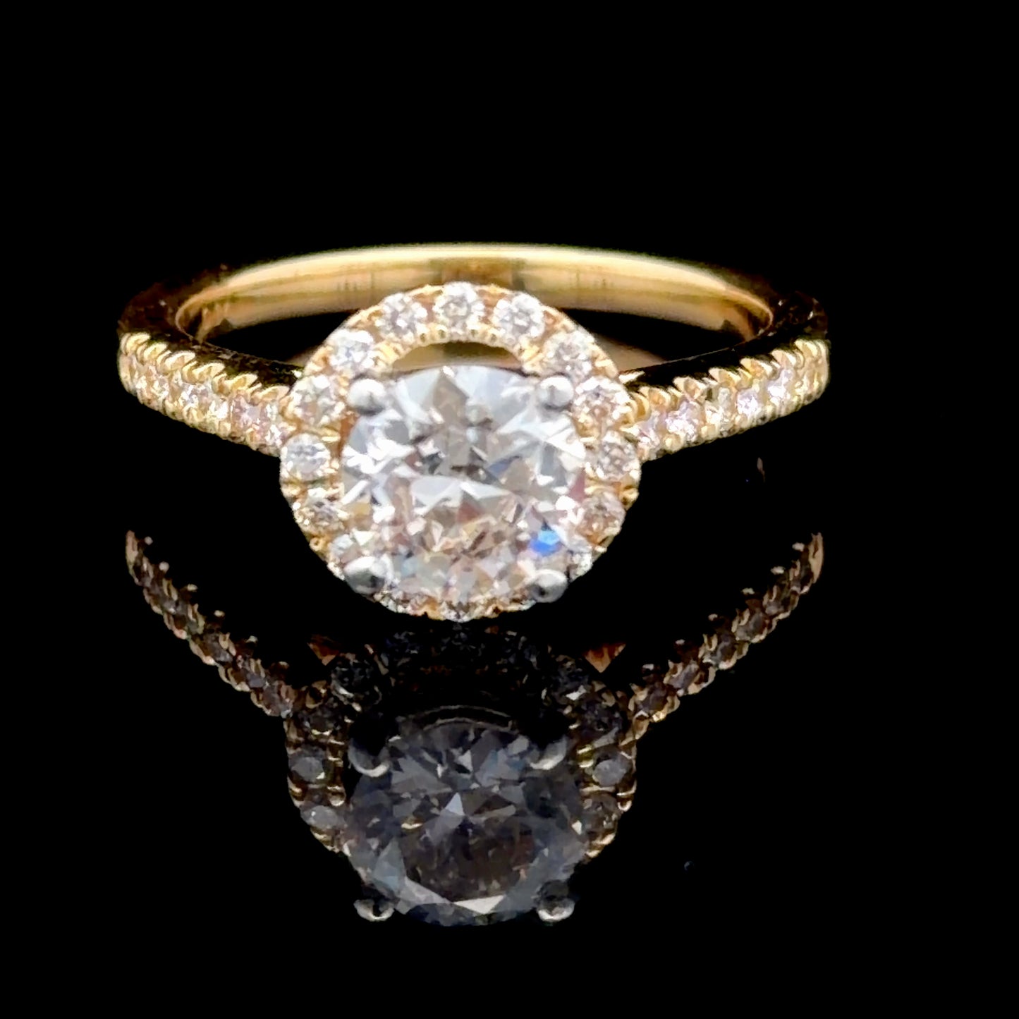 18k Yellow Gold Diamond Halo Ring 1Ct Centre Stone Appx 1.3 Cts Total