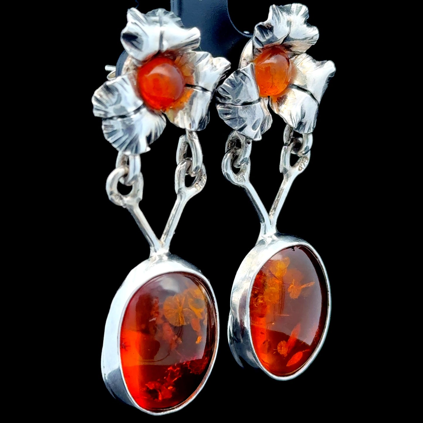 Silver Baltic Amber Flower Drop Earrings