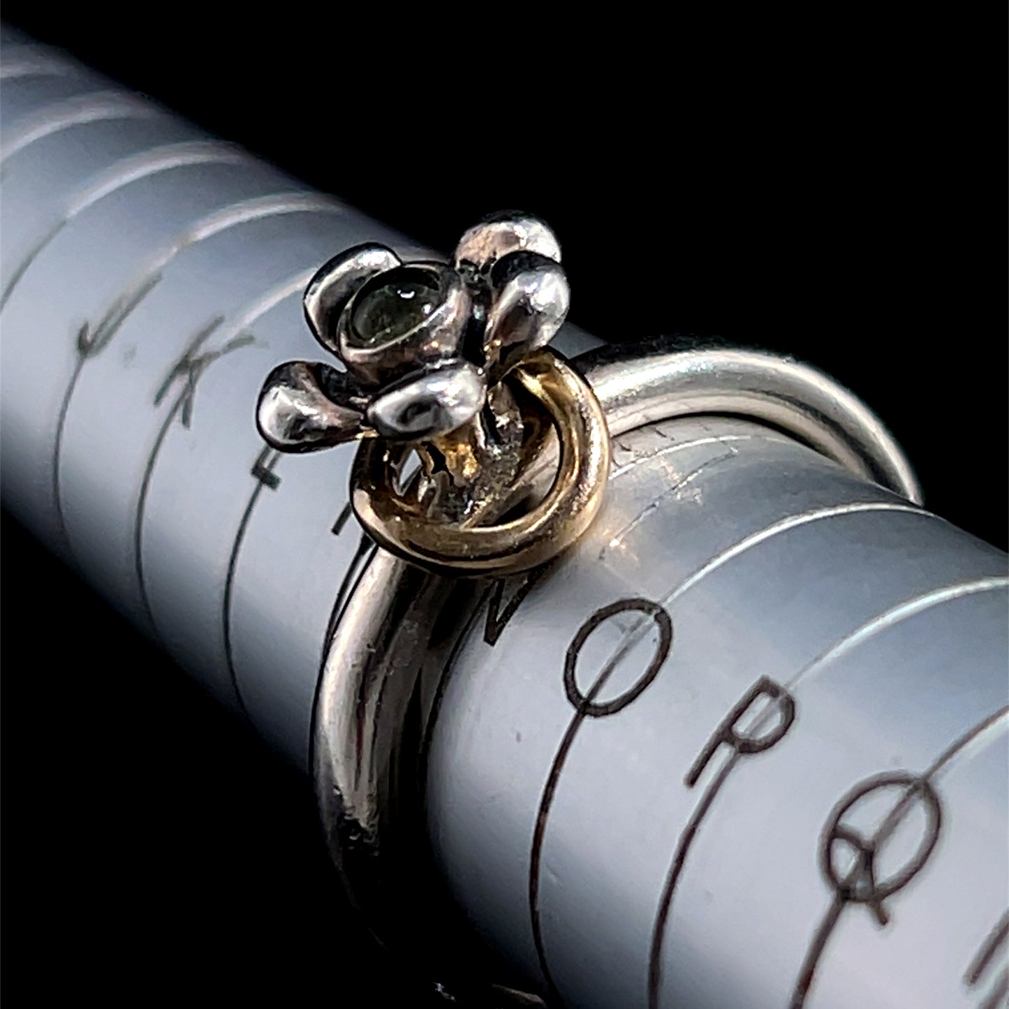 Silver Pandora Flower Ring with Blue Topaz & 14K Yellow Gold