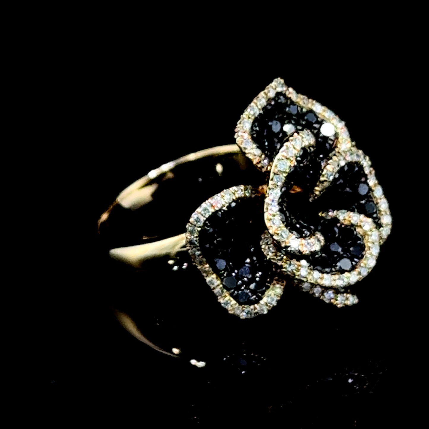 14K Yellow Gold Black & White Diamond Flower Ring