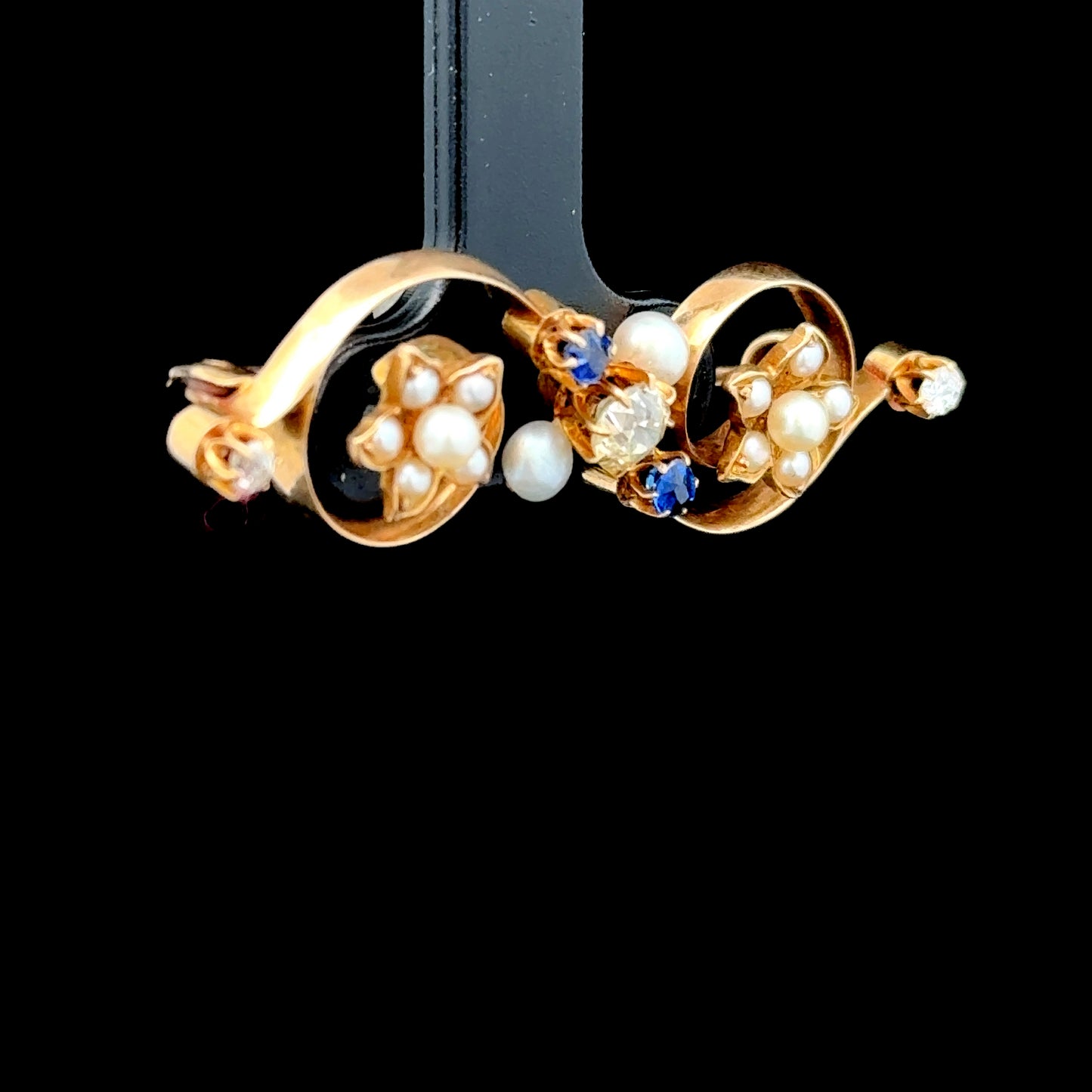 14K Yellow Gold Diamond, Sapphire & Pearl Brooch