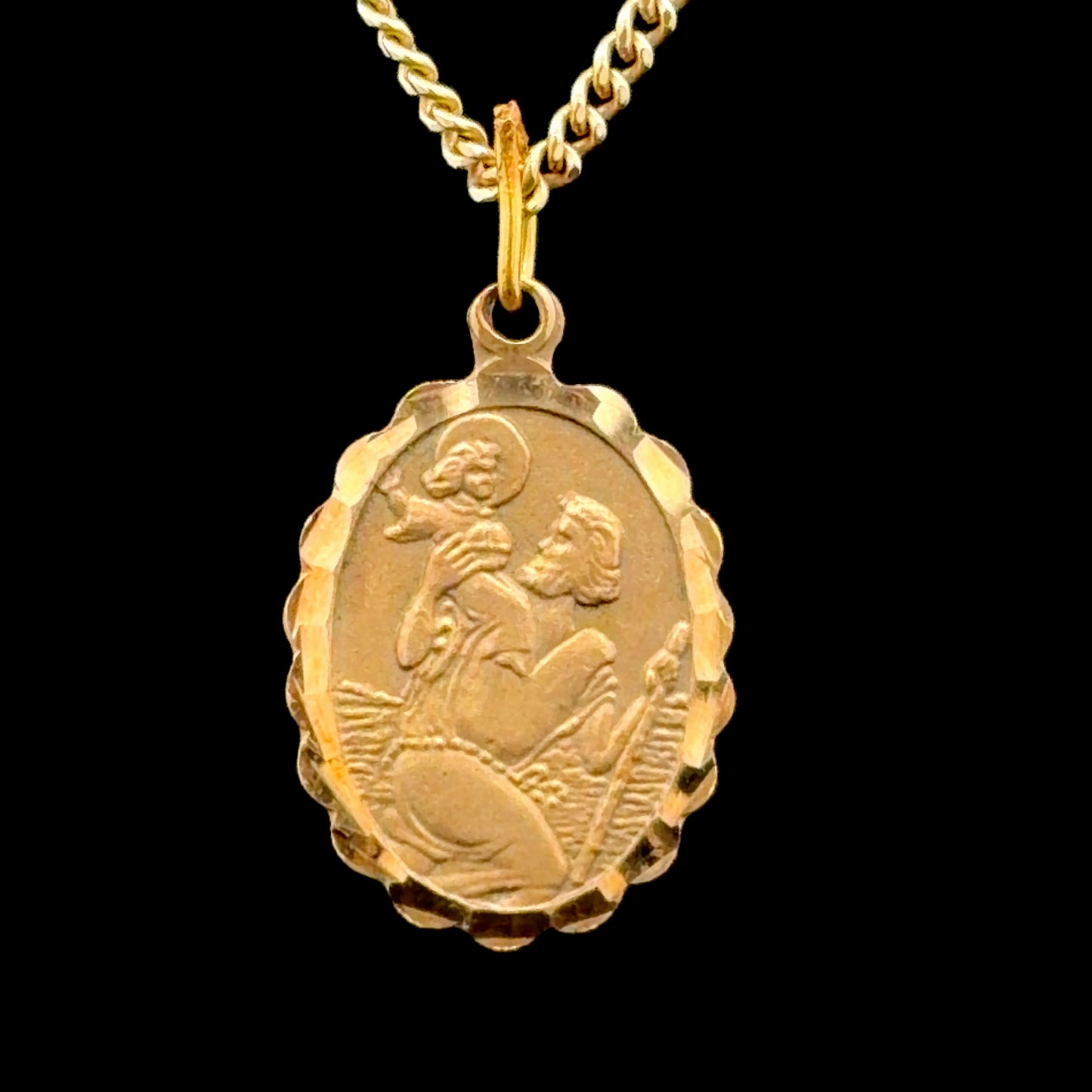 9k Yellow Gold Saint Christopher Pendant Necklace with Scalloped Edge